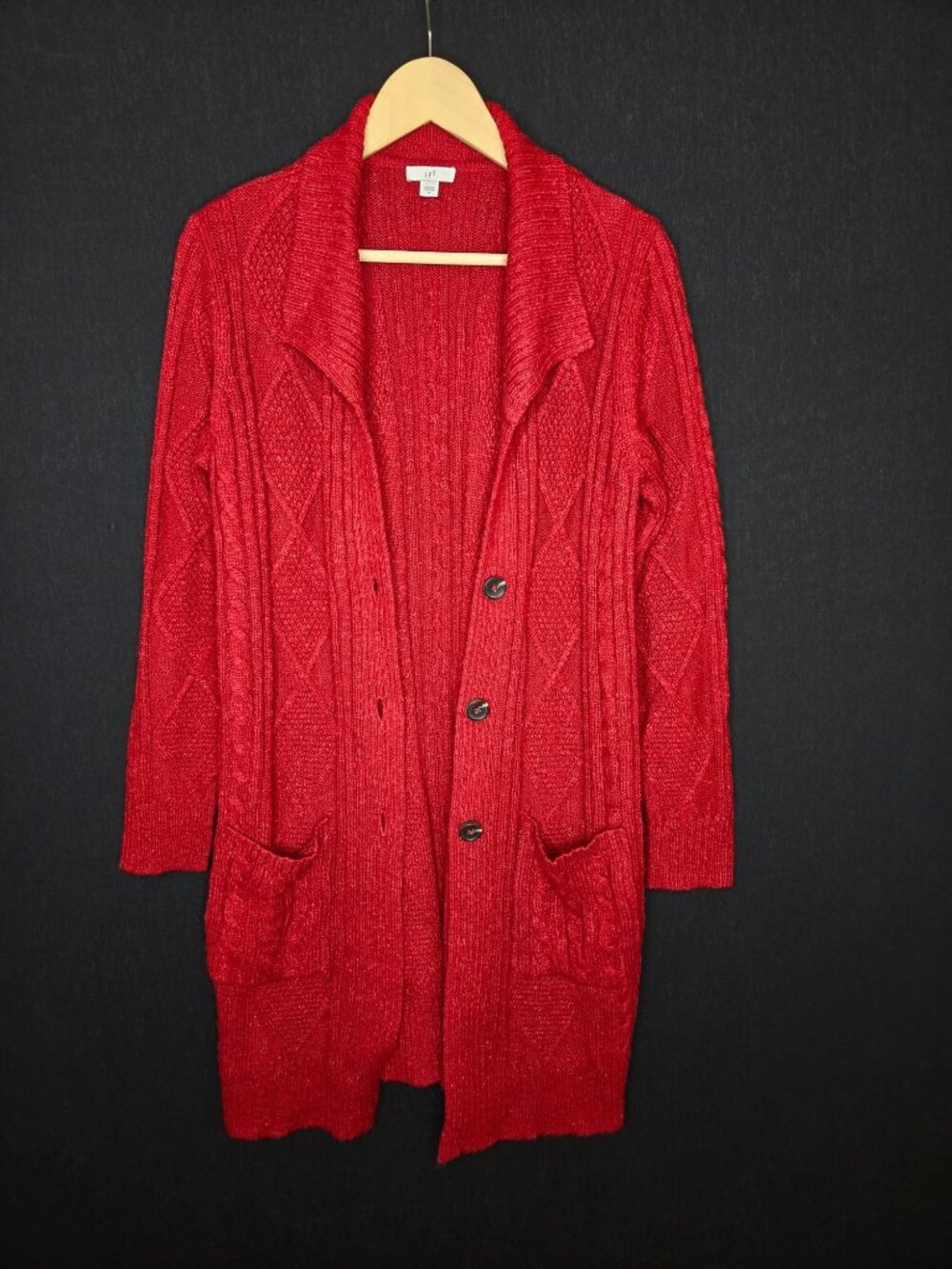 💙 J. Jill Red Cable Knit Long Cardigan Sweater M/L Shawl Collar Button Front - Picture 8 of 8